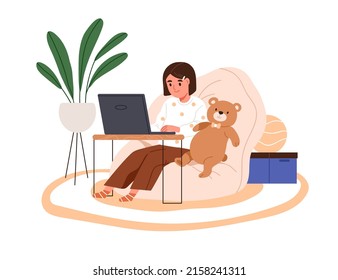 Kid sitting with laptop at home. Happy child studying online at computer. Elementary school girl in beanbag chair using internet, learning. Flat vector illustration isolated on white background