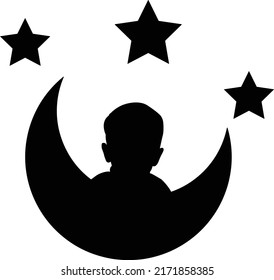 kid sitting on the Black half moon  with stars. Magic, fantasy. Isolated on white. Flat design. Vector illustration. 