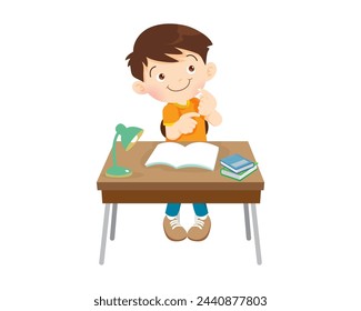 niño sentado en el escritorio trabajando para la tarea