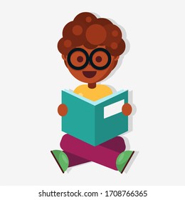 niño sentado en el suelo leyendo la ilustración del vector del libro 
