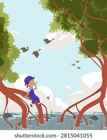 kid sitting on a mangrove tree, mangrove forest illustration