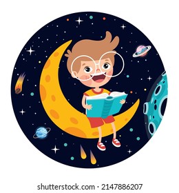 Reading Clipart - boy-on-moon-reading-book-animated - Classroom Clipart