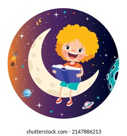 Kid Sitting On Moon And Reading Book