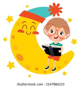 Kid Sitting On Moon And Reading Book