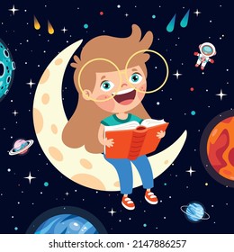 Kid Sitting On Moon Reading Book Stock Vector (Royalty Free) 2147886257 ...