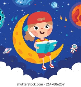 Kid Sitting On Moon Reading Book Stock Vector (Royalty Free) 2147886259 ...