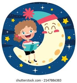 Kid Sitting On Moon And Reading Book