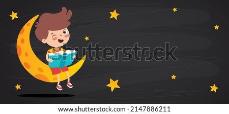 Kid Sitting On Moon And Reading Book