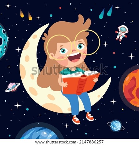 Kid Sitting On Moon And Reading Book