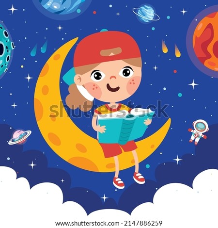 Kid Sitting On Moon And Reading Book