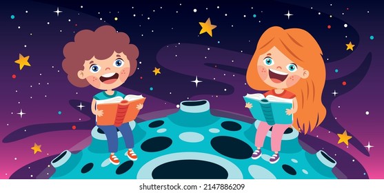 Los Niños Sentados En La Superficie De La Luna Y Leyendo El Libro