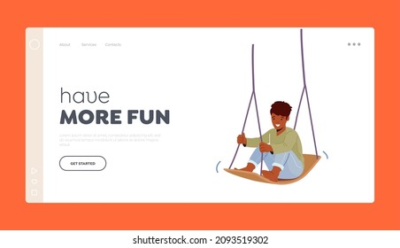 Kid Sitting on Seesaw Landing Page Template. Happy Boy Swing on Playground. Little Child Male Character Sitting on Rope Teeterboard Enjoying Recreation. Cartoon People Vector Illustration