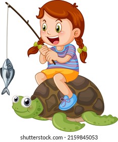 Kid sitting on turtle fishing illustration