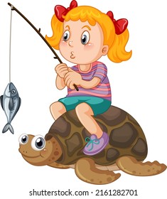 Kid sitting on turtle fishing illustration