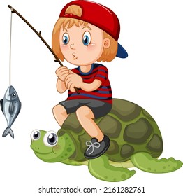 Kid sitting on turtle fishing illustration