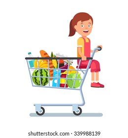 Kid sitting in a supermarket shopping cart full of groceries. Flat style vector illustration isolated on white background.