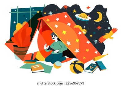 Niña sentada en una carpa de noche y usando linterna para historias aterradoras. Camping y diversión, niño imaginando cosmos y planetas, galaxias e invasores. Wigwam jugando. Vector de estilo plano