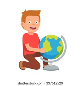 Kid sitting at terrestrial globe. Boy student learning earth geography. Flat style vector illustration isolated on white background.