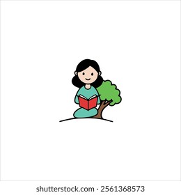 a kid sitting under a tree reading