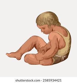 Kid sitting, vintage illustration by Jose Moya del Pino isolated on white, vector.