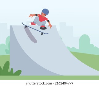 Kid Skateboarding Outdoor Activity. Little Boy in Safety Helmet Jumping on Skateboard at Park. Skateboarder Child Character Sport, Preteen Boy on Longboard in Skate Park. Cartoon Vector Illustration
