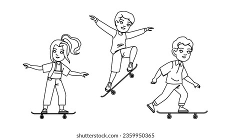 kid skateboarding vector. skater boy, fun skateboarder, board ride, youth young, skating child kid skateboarding character. people black line illustration