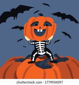 A kid in a skeleton costume tries on a pumpkin for Halloween. The child is dancing on the night in Halloween on the background of bats.
A funny character in a fancy dress. Flat illustration.