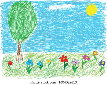 kid sketching with free hand. kid drawing green meadow with flowers and tree under sunny blue sky