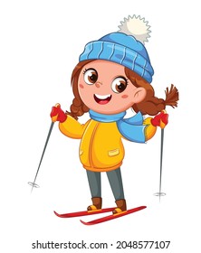 Kid skiing, cute skier girl cartoon character, winter sport. Hello winter concept