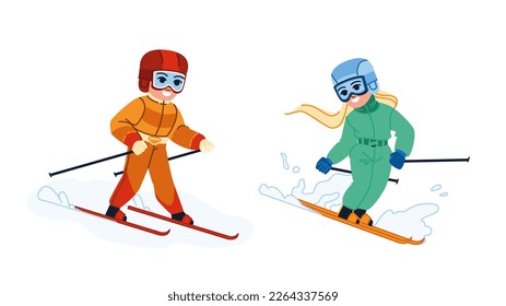 kid skiing vector. child winter, cold snow, mountain helmet, outdoor sport, ski family, fun girl, vacation kid skiing character. people flat cartoon illustration