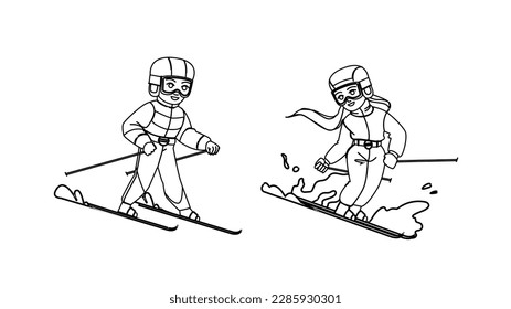 kid skiing vector. child winter, cold snow, mountain helmet, outdoor sport, ski family, fun girl, vacation kid skiing character. people Illustration