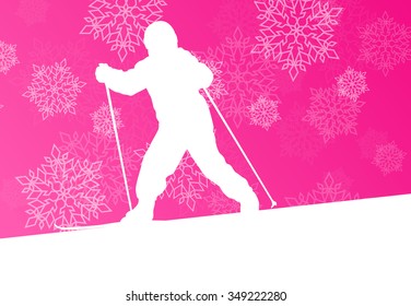 Kid skiing young skier skiing winter background concept with snowflakes falling