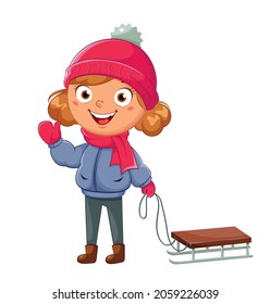 Kid with sled. Cute girl cartoon character sledding, winter sport. Hello winter concept.