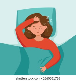 Kid sleep in bed at night vector illustration. Girl child in pajama having a sweet dream in bedroom. Healthy lifestyle concept of relax calm tired lady on pillow in bedtime graphic cartoon colorful de