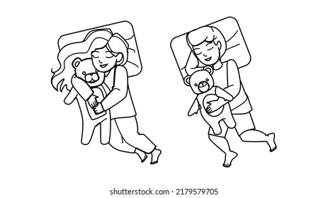 kid sleep vector. child bed night, boy girl, little dream, pillow bedroom kid sleep character. people black line pencil drawing vector illustration