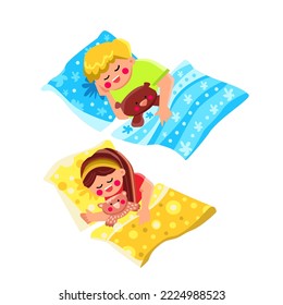 kid sleep vector. child bed, night dream, pillow little, girl cute, asleep bedtime, bedroom home, blanket boy kid sleep character. people flat cartoon illustration