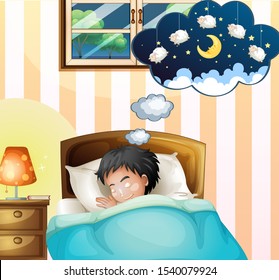 Kid sleeping in bed dreaming illustration