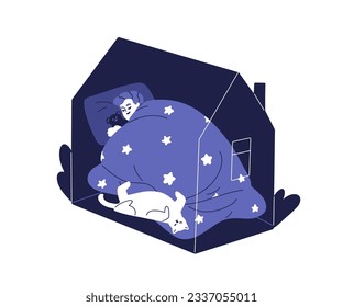 Kid sleeping in bed at home. Child and cat asleep, dreaming under duvet in bedroom. Sleepy person lying inside house, relaxing at night. Flat graphic vector illustration isolated on white background