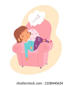 Kid sleeping in comfortable armchair at home vector illustration. Cartoon cute tired child in pajamas lying on soft chair with pillow to nap, lazy rest after daily activity isolated on white