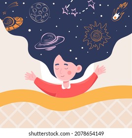 Kid sleeping concept. Girl with cosmic figures in her hair, sweet dreams. Comfort, coziness, rest, recuperation. Night, correct daily routine, bedtime, room. Cartoon flat vector illustration