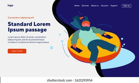 Kid sleighing on tubing sledge. Boy moving down slop on inflatable snow sled. Flat vector illustration. Winter, vacation, activity concept for banner, website design or landing web page