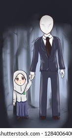 Kid with Slenderman, horror forest, student