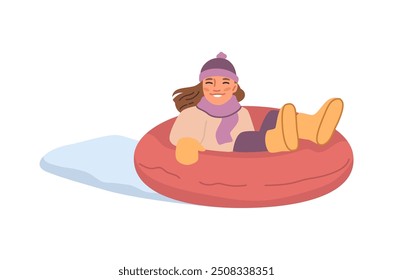 Kid sliding on tub down hill on winter holidays, flat cartoon vector illustration. Smiling young woman on snow-tube, relax on winter resort, sliding on nature. Riding sleds on slope with snow