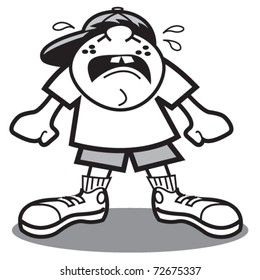 Kid or small cartoon child crying and wearing a baseball cap and shorts.