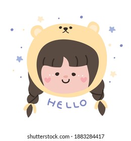 Kid smile face wear bear hat in cartoon hand drawn.Graphic design.Cute child.Little girl.Kawaii.Vector.Illustration.