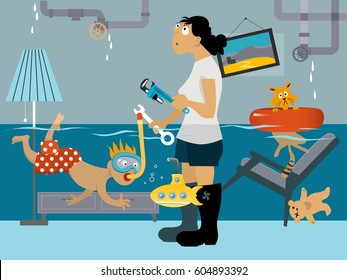 Kid snorkeling in a flooded room, his mother looking at the leaking plumbing, EPS 8 vector illustration