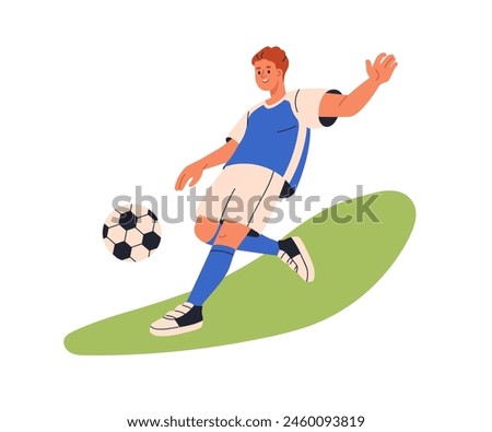 Kid, soccer player. Boy running, kicking ball on sport field, lawn. Active happy child in sportswear playing football, training. Healthy activity. Flat vector illustration isolated on white background