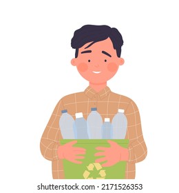 Kid with sorted plastic waste. Garbage collecting, nature and environment protection vector illustration