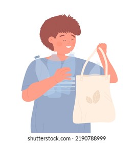 Niños clasificando los residuos de botellas plásticas. Campaña ecológica, ilustración vectorial de protección de la naturaleza