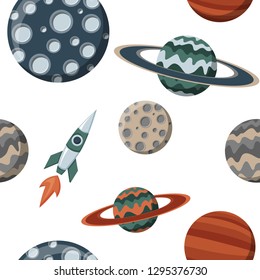 Kid space with planets and spaceships. Vector flat cartoon cosmos science seamless pattern isolated on white background. For web design, wallpaper, cosmic backdrop. Linen fabrics print